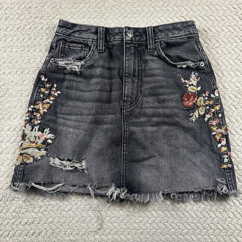 Abercrombie Fitch Skirt Womens 25 Black‎ Denim Mini Embroidered Y2K Floral Boho